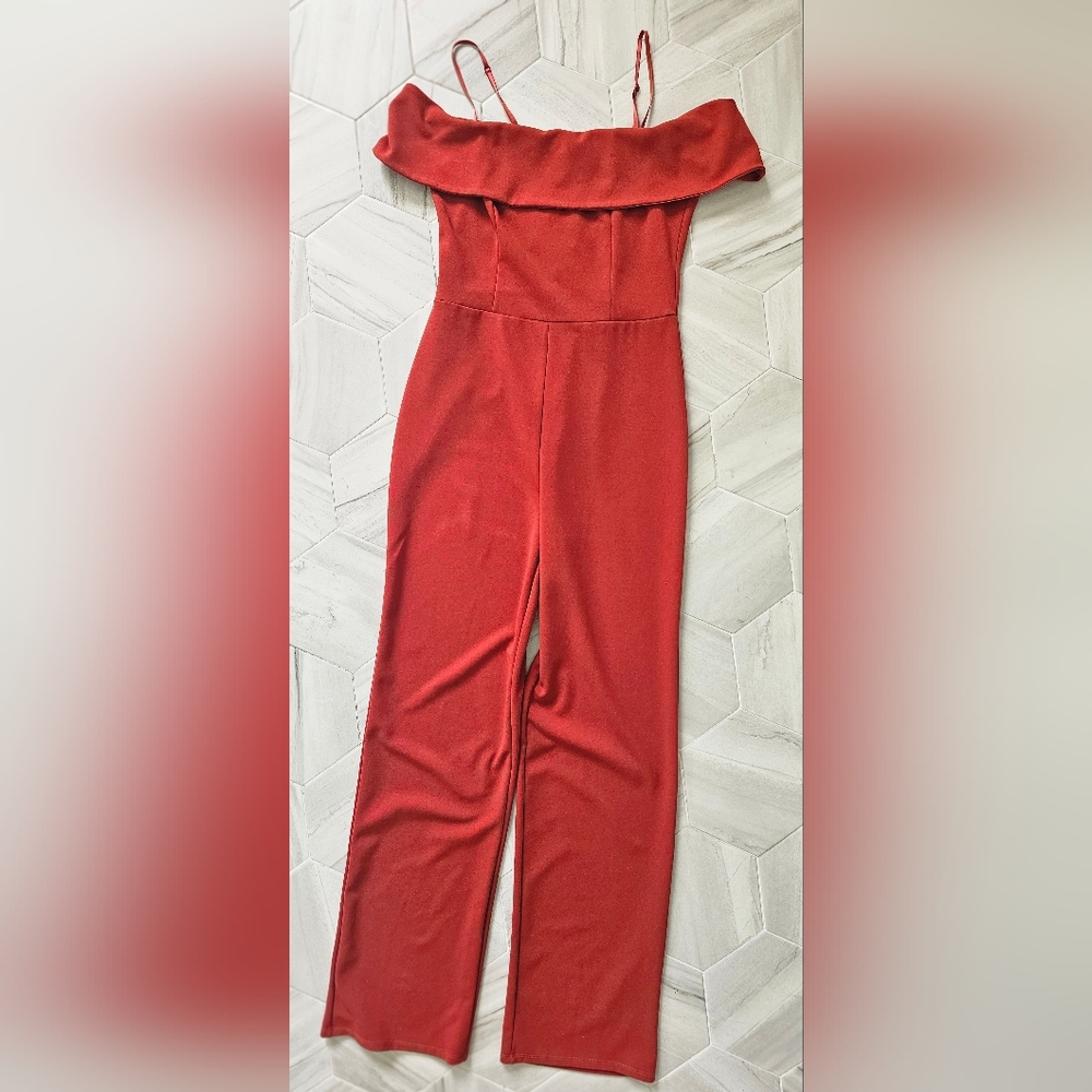 Charlotte Russe Burnt Orange Off-Shoulder Jumpsuit